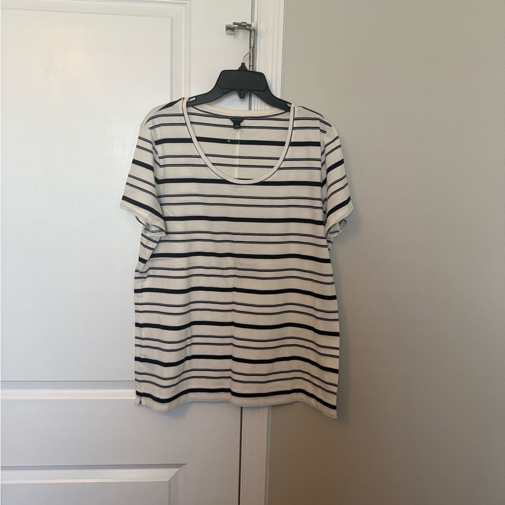 Ann Taylor White Tee with Navy Stripes - Scoop Neck Short Sleeve